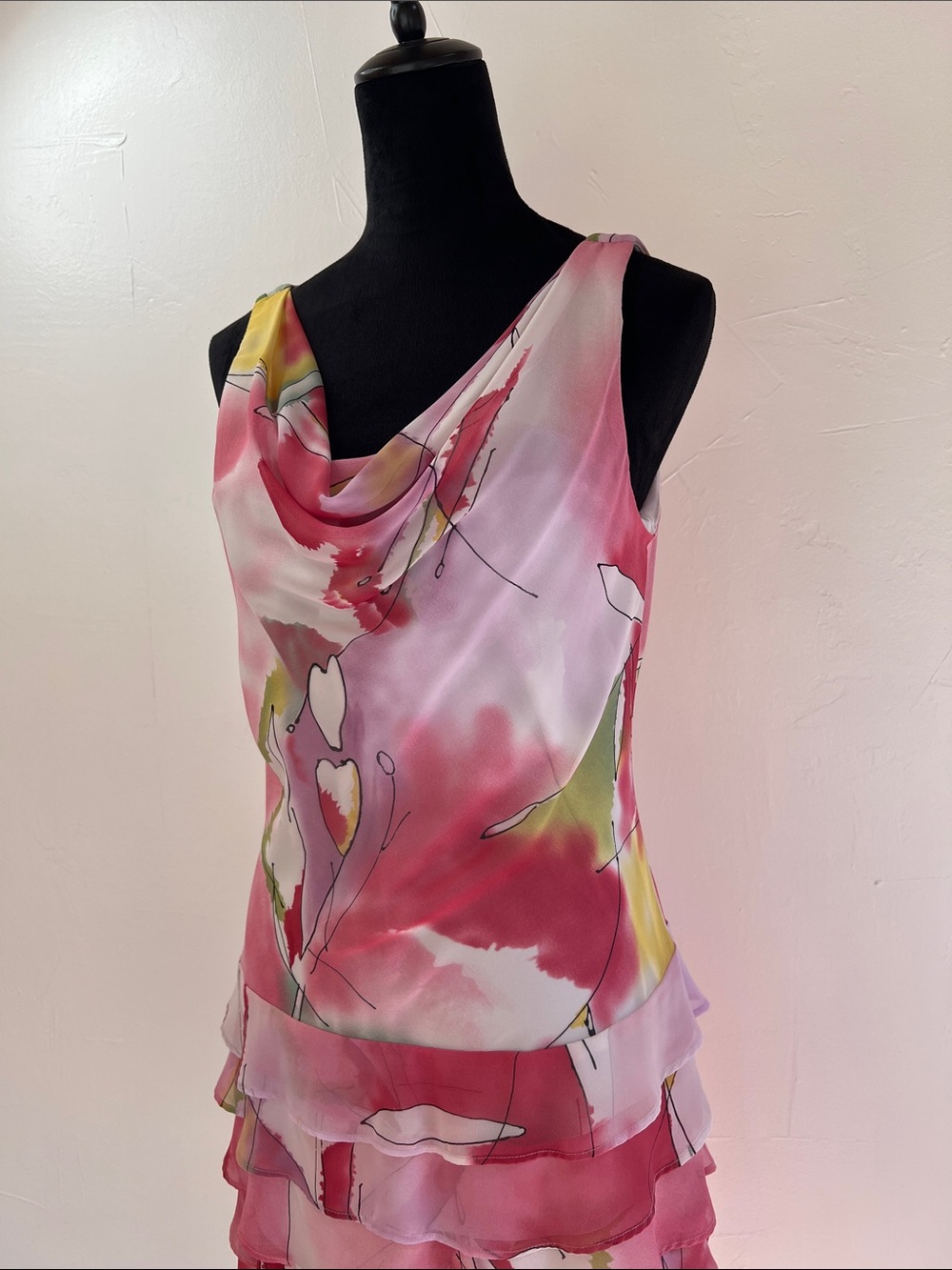 Joseph Ribkoff Pink Floral Tiered Chiffon Cowl Neck Dress 90s fairy whimsical - Picture 3 of 13